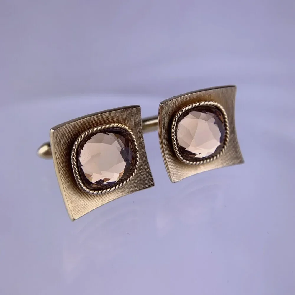Brown Crystal Rhinestone Gold Tone Cufflinks Curved Statement Swank Vintage